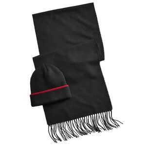 Club Room Mens Beanie Hat & Scarf Gift Set Black Fringe Winter Accessories NWT